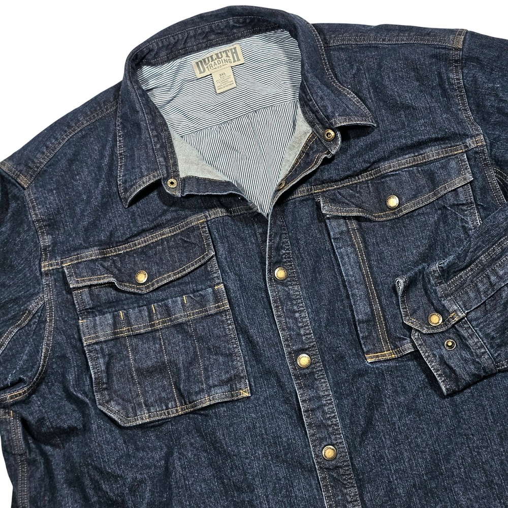 Duluth Trading Co Denim Shirt Jacket Mens 3XL Blue Snap Front Utility Workwear